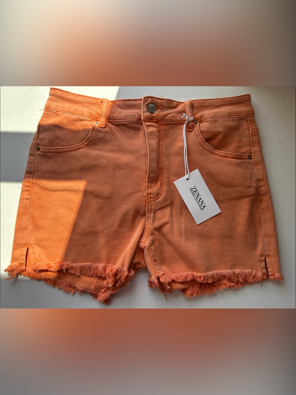 Zenana Outfitters Orange Frayed Hem Denim Cutoff Shorts